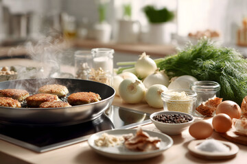 Home kitchen cooking scene with frying pan on induction cooktop, patties steaming, surrounded by fresh onions, dill, eggs, garlic, mushrooms, cheese, and spices in bright interior with copy space