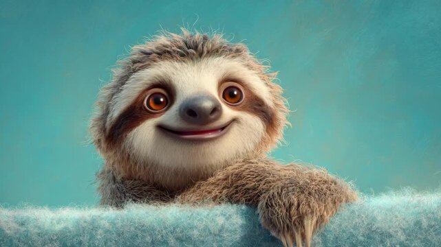 Cute cartoon sloth smiling on blue background