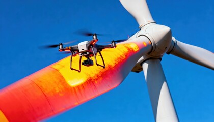 Medium shot of a drone performing a thermal inspection over wind turbine blades highlighting heat distribution and identifying potential hotspots with clear aerial views.