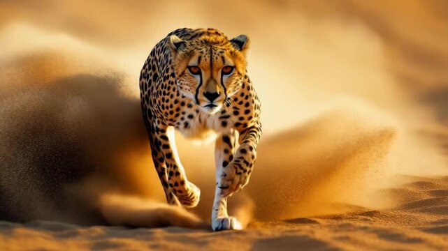 Fast running cheetah in desert sand explosion
