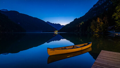 A Yellow Canoe Floating on a Mountain Lake at Twilight with Reflections and Forest Silhouettes