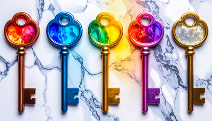 Five Vibrant Rainbow-Colored Keys with Gemlike Centers on Marble Background for Creative Concepts