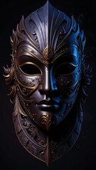 A Symmetrical Dual-Toned Fantasy Mask with Ornate Carvings and Regal Metallic Finish on Dark Background