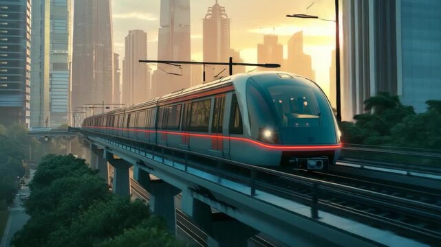 Modern metro train moving through futuristic city skyline