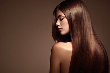 Naklejka premium Woman showing beautiful healthy shiny straight brunette hair