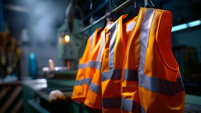 Detailed interior shot &mdash; row of safety vests illuminated by natural light, faint dust particles in air, muted machinery backdrop, with copy space.