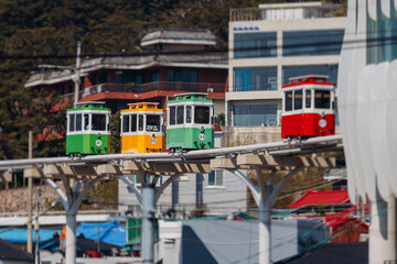 Haeundae Blue Line Park, Busan, ride on multicoloured sky capsule train, railway tram route from Mipo to Cheongsapo station, coastal monorail in Busan, Yeongnam, South Korea, Republic of Korea travel