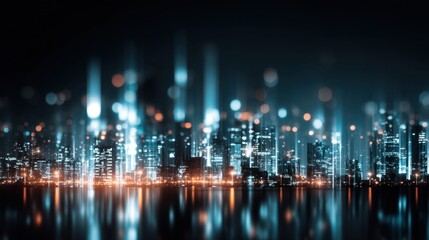 Fototapeta premium Futuristic City Skyline at Night with Shimmering Lights and Reflective Water Surface in a Vibrant Urban Landscape