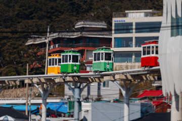 Haeundae Blue Line Park, Busan, ride on multicoloured sky capsule train, railway tram route from Mipo to Cheongsapo station, coastal monorail in Busan, Yeongnam, South Korea, Republic of Korea travel