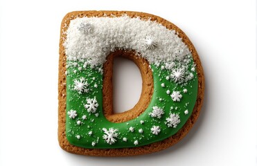 Gingerbread letter d cookie with christmas icing snowflakes