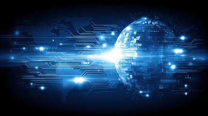 Futuristic digital globe with blue light rays and data connections representing global connectivity, technology innovation, and information transfer