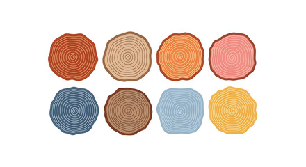Colorful tree rings illustration of forest wood trunk slices isolated on black