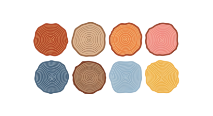 Colorful tree rings illustration of forest wood trunk slices isolated on black