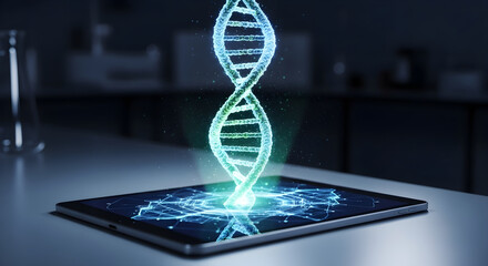 A glowing blue DNA double helix hologram emerges from a tablet screen in a modern science laboratory.