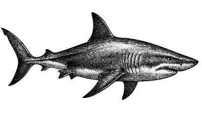 Fototapeta premium Shark Side View – Vintage Engraving Illustration of a Shark in Streamlined Motion with Clean Lines and Detailed Fins, Black and White Etching, Vector and PNG Isolated on Transparent Background