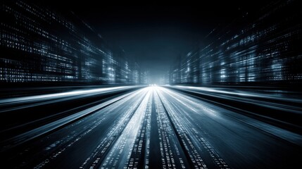 Futuristic Cityscape with Blurry Lights and Digital Elements Representing Speed, Technology, and Information Flow in a Dark Cyber Environment