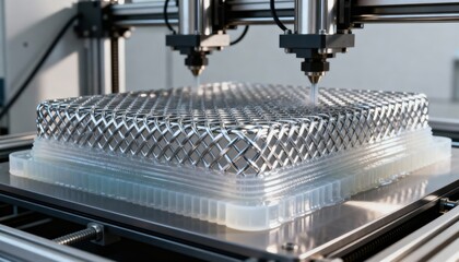 Medium shot highlighting hybrid 3D printing integrating metal and polymer materials for durable mechanical components