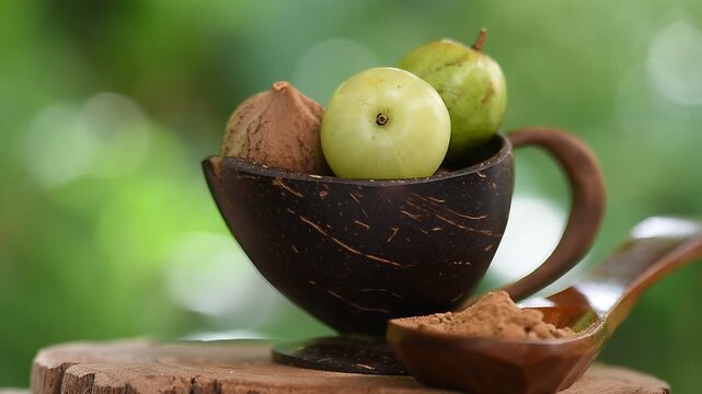 Indian Gooseberry ,terminalia chebula and terminalia bellirica fruits  on natural background.
