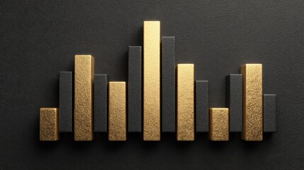 Abstract Bar Chart Representation in Gold and Black Colors on Dark Background Ideal for Financial and Business Concepts Representation