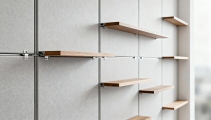 Medium shot featuring customizable prefabricated wall with adjustable panels and integrated shelving for personalized space organization.