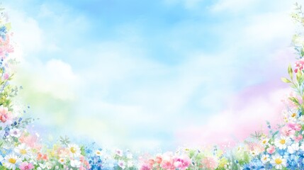 Gentle pastel colored wildflowers blooming against a soft blue sky with wispy white clouds, creating a peaceful and beautiful natural scene.