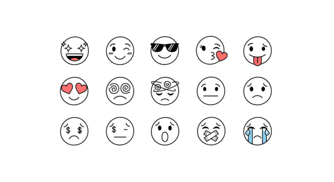 Diverse Emoji Set Conveying a Range of Emotions and Expressions