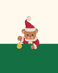 Christmas Greeting Card Template with a Cute Teddy Bear in a Santa Hat Holding a Christmas Bauble Ball and Peeking from behind a Horizontal Green Banner with Copy Space for Text. Vector Illustration