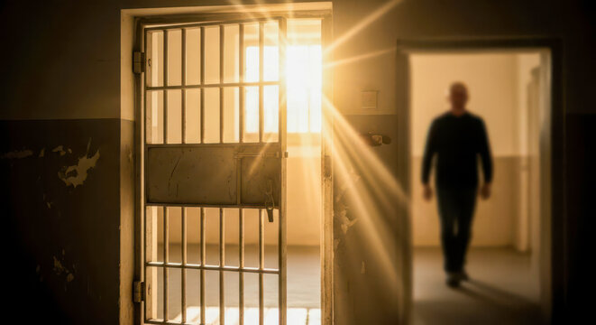 Man walking out of a prison cell towards the light and freedom