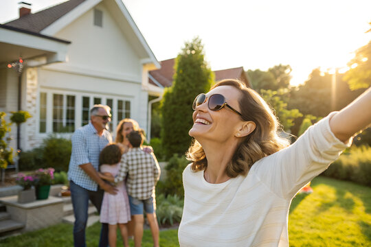 Woman wearing sunglasses smiling with family in garden of new home, celebrating property success