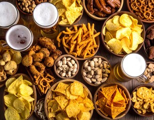 Assorted snacks and beers on a wooden table