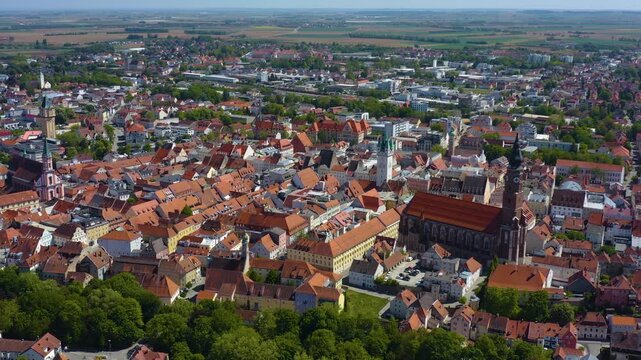 Aerial panoramic view of the city Straubing in Germany, Bavaria on a sunny spring day