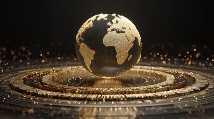 Golden globe with detailed world map design, surrounded by shimmering particles, symbolizing global connectivity and innovative technology in 3D render style
