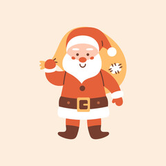 Vector illustration of cute Santa Claus in red suit carrying a big yellow gift bag, smiling and standing. Flat funny festive Christmas clipart for holiday cards, winter greeting, and decor.