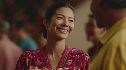A lively night market scene in China, showcasing bustling street food vendors and the warmth of shared smiles between friends