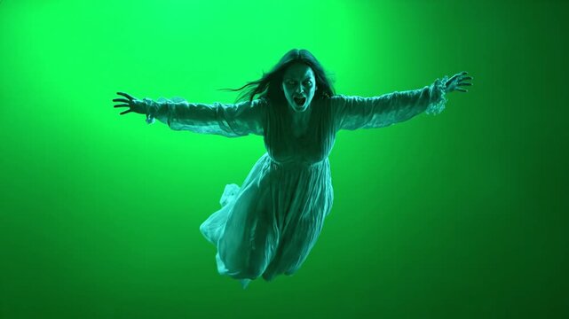 scary ghost woman Flying in front a green chroma key background.