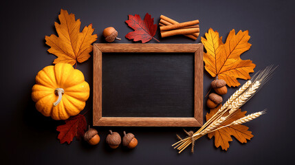 A vibrant flat lay arrangement features a pumpkin, autumn leaves, cinnamon sticks, and acorns, evoking cozy seasonal vibes perfect for social media