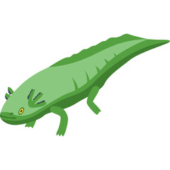 Pixel Art Axolotl Creature illustration in isometric perspective with green body and yellow eyes against a white background