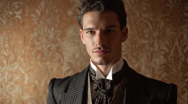 Hombre guapo y atractivo mirando a la camara vestido con ropa antigua de epoca elegante de la historia hombre masculino y varonil sobre un fondo vintage con ornamentos