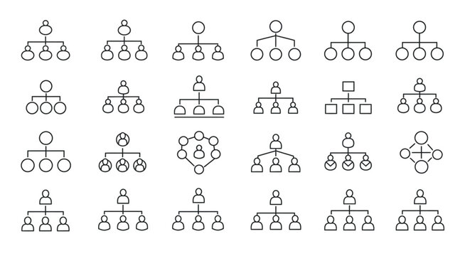 Collection of simple linear tree diagrams and organizational chart icons