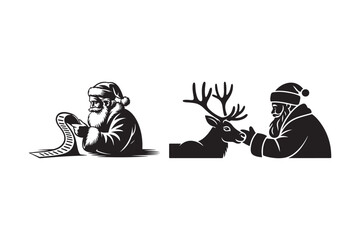 Santa claus and reindeer silhouette with long list