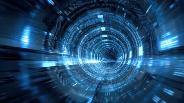 Abstract Digital Tunnel Background with Blue Light Glow and Glitch Effects for Futuristic Technology Concepts and Sci-Fi Design Projects - Powered by Adobe