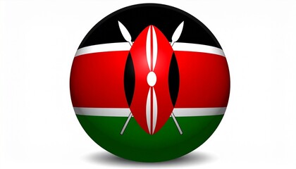 Circular Kenyan flag with black, red, and green stripes—Maasai shield and spears in center.