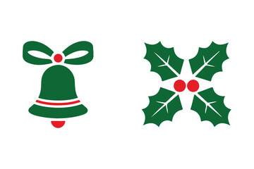 Christmas bell and holly sprig festive icons