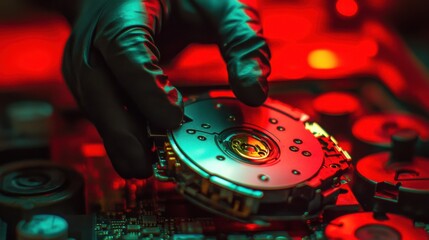 Naklejka premium Gloved Hand Installing Hard Drive Component on Circuit Board