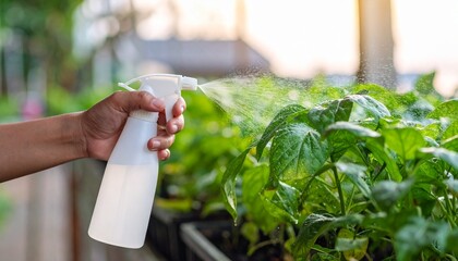 Hand holding spray bottle spraying plants