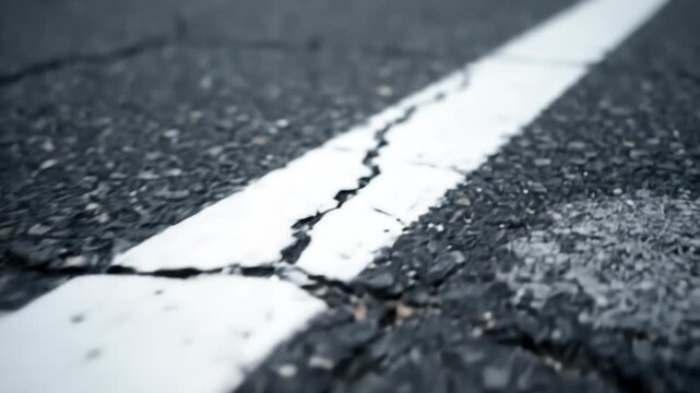 Detailed view of a dashed or broken white line on dark, textured asphalt road. The rough surface shows small cracks and imperfections.