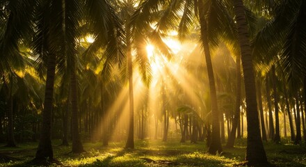 Obraz premium Golden Sunrise Rays in a Lush Palm Tree Forest