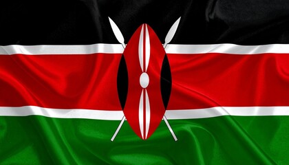 Kenyan flag with black, red, green stripes, white separators, Maasai shield and spears, bold and symbolic.