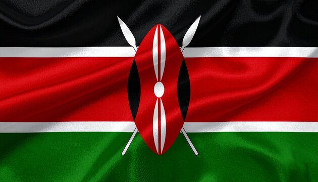 Kenyan flag with black, red, green stripes, white separators, Maasai shield and spears, bold and symbolic.