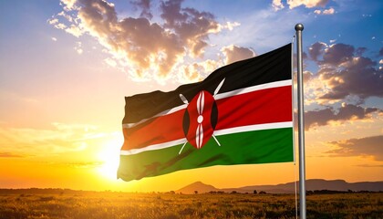 Kenyan flag flying on a flagpole at sunrise